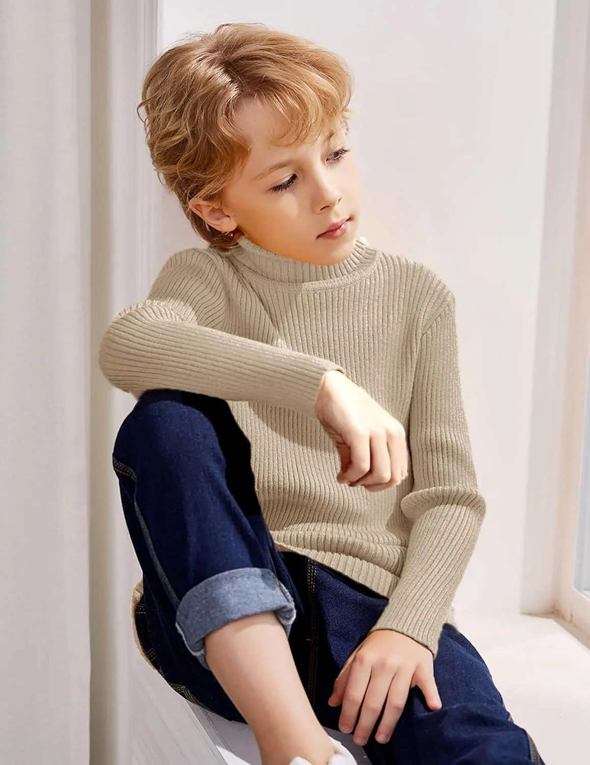 Arshiner Boy's Ribbed Turtleneck Cable Knitted Sweater