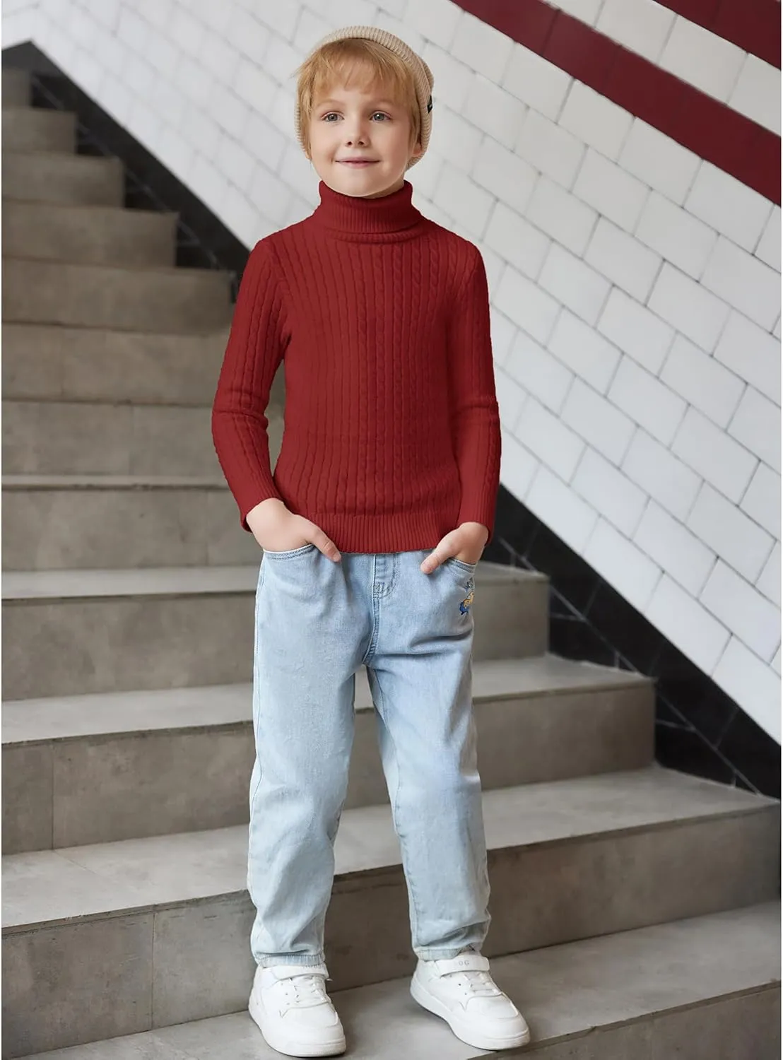 Arshiner Boy's Ribbed Turtleneck Cable Knitted Sweater