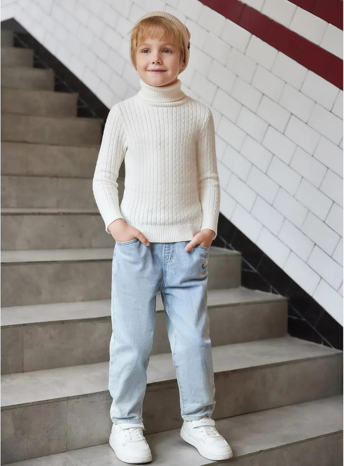 Arshiner Boy's Ribbed Turtleneck Cable Knitted Sweater