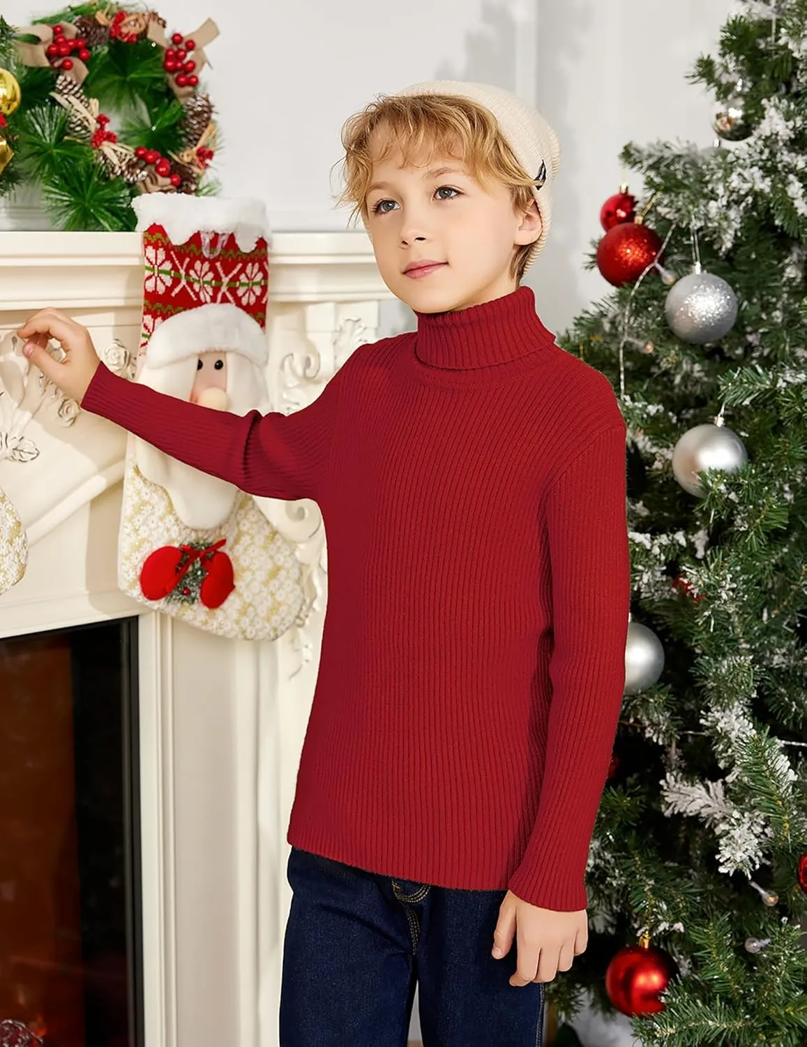 Arshiner Boy's Ribbed Turtleneck Cable Knitted Sweater