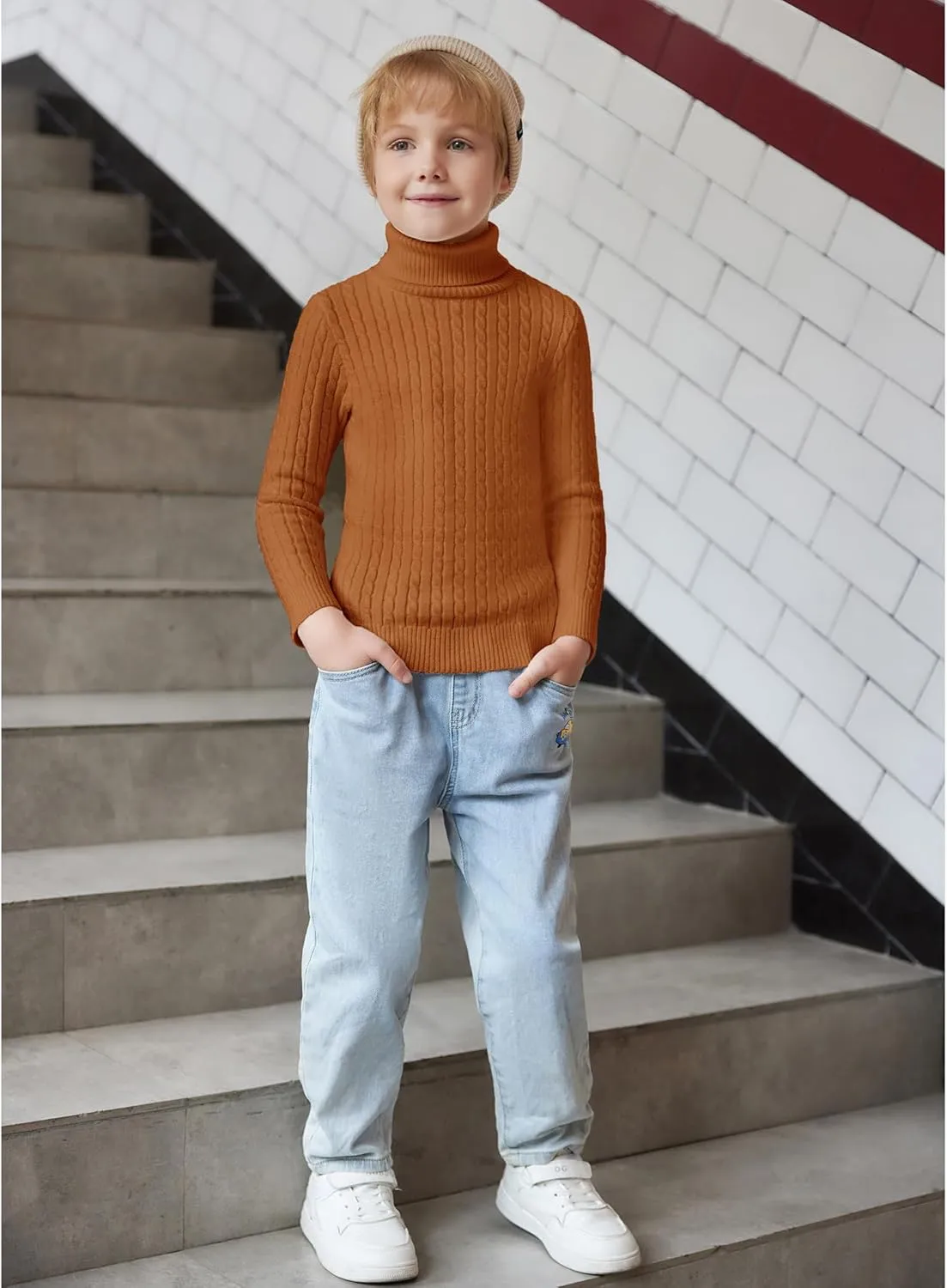 Arshiner Boy's Ribbed Turtleneck Cable Knitted Sweater