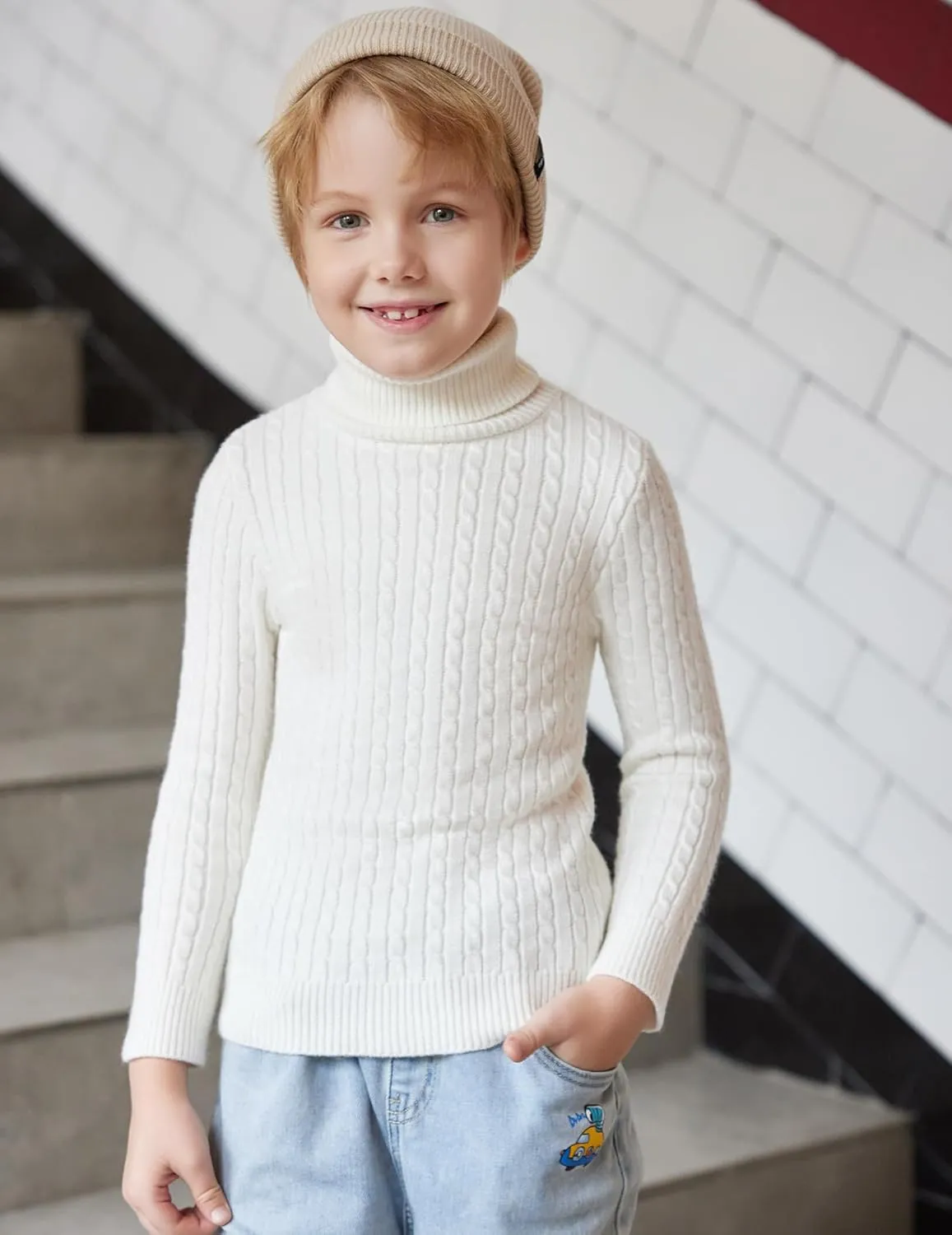 Arshiner Boy's Ribbed Turtleneck Cable Knitted Sweater