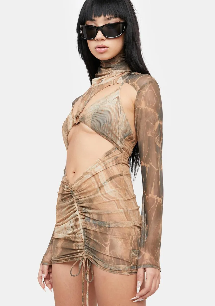 Atmosphere Rockslide Print Mesh Cutout Dress