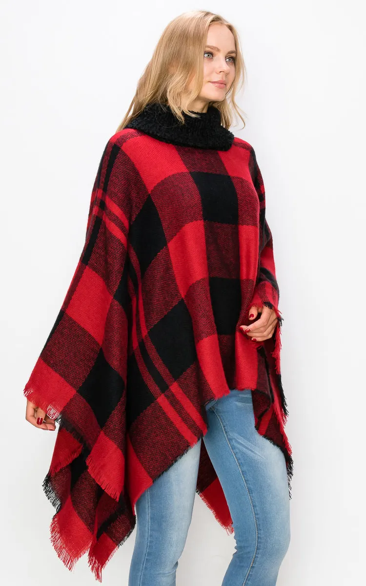 AV436 Red Plaid Turtleneck Soft Poncho