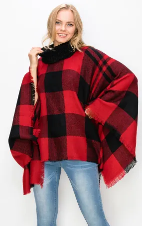 AV436 Red Plaid Turtleneck Soft Poncho