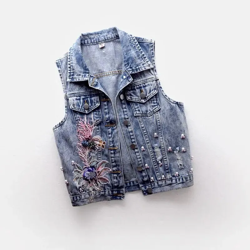 Beaded Denim Vest Sleeveless Jacket