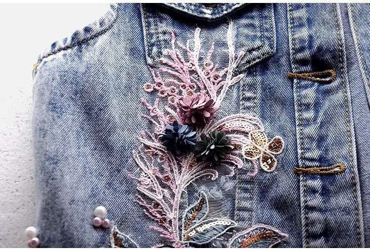 Beaded Denim Vest Sleeveless Jacket