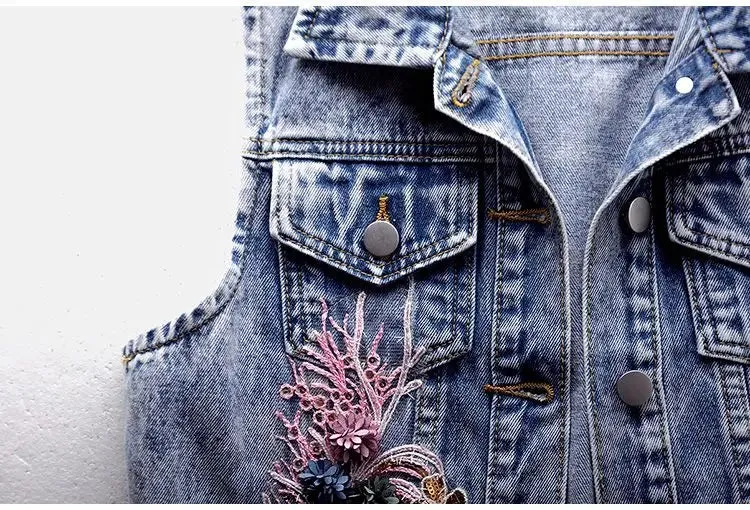 Beaded Denim Vest Sleeveless Jacket