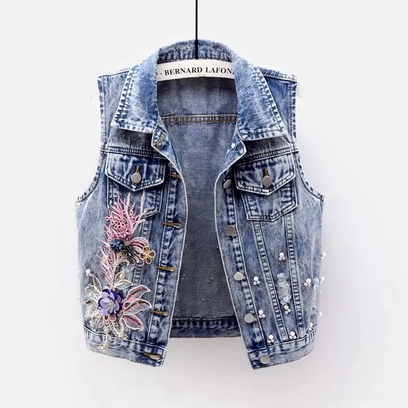 Beaded Denim Vest Sleeveless Jacket