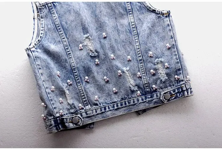 Beaded Denim Vest Sleeveless Jacket