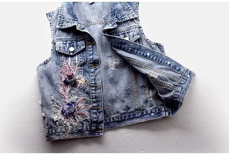 Beaded Denim Vest Sleeveless Jacket