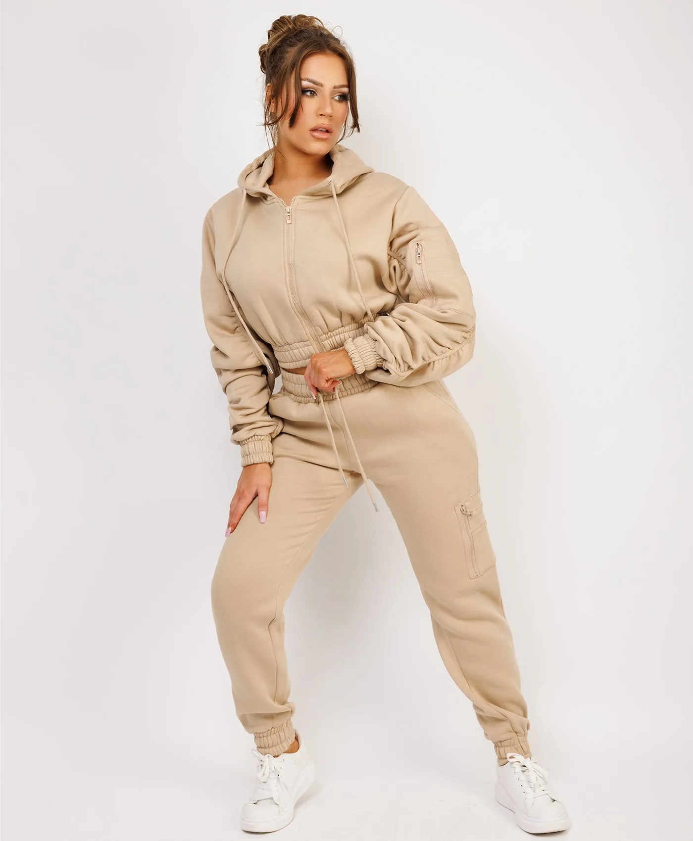 Beige Ruched Sleeve Zipped Hoodie and Joggers Tracksuit