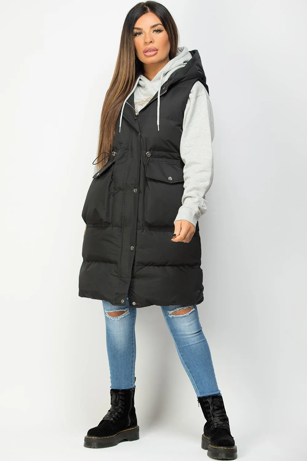 Black Padded Gilet With Drawstring Waist Longline