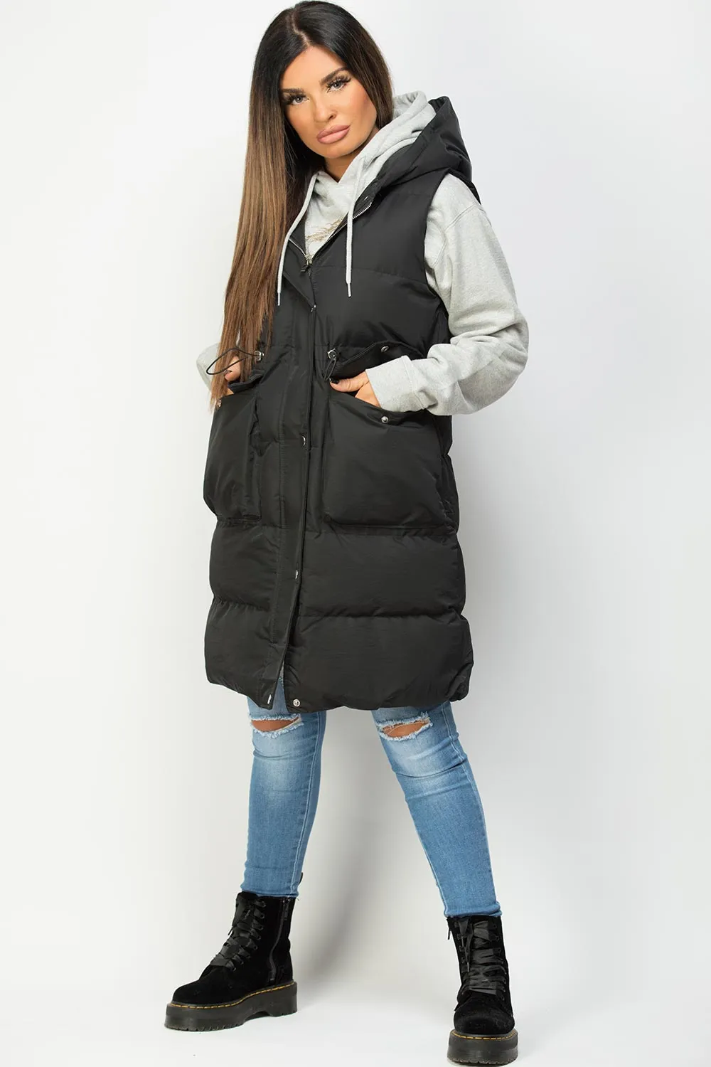 Black Padded Gilet With Drawstring Waist Longline