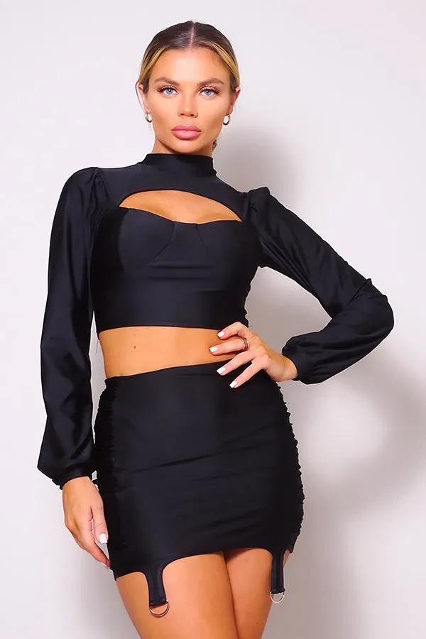 Black Puff Long Sleeve Front Cutout Turtleneck Blouse & Side Ruched Garter Mini Skirt Set_