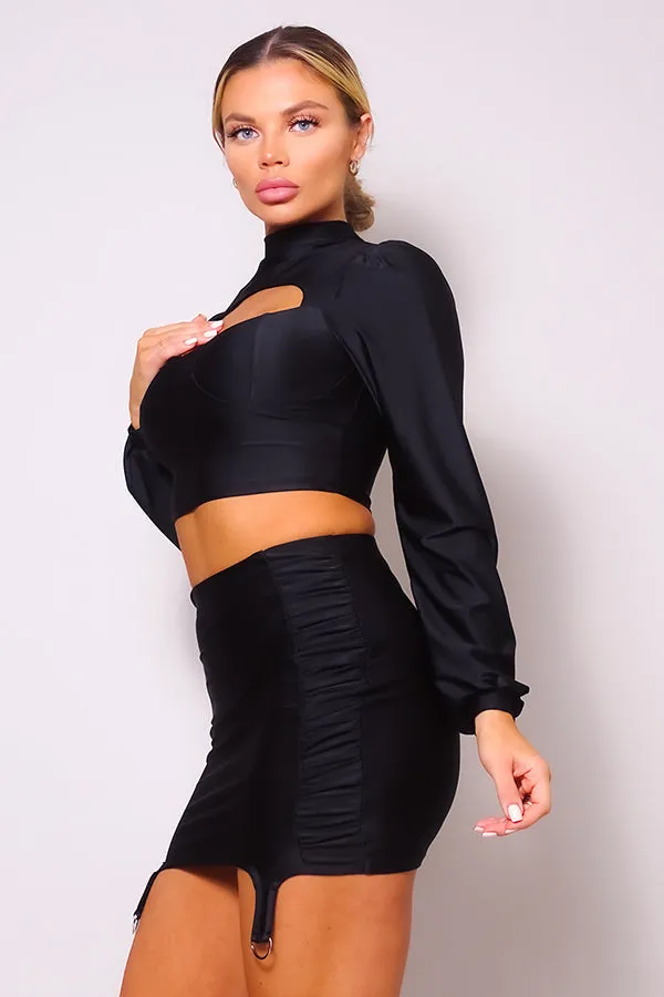 Black Puff Long Sleeve Front Cutout Turtleneck Blouse & Side Ruched Garter Mini Skirt Set_