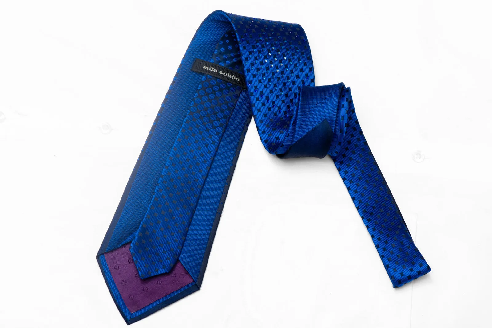 Blue Geometric Circles On Navy Rhinestone Silk Tie