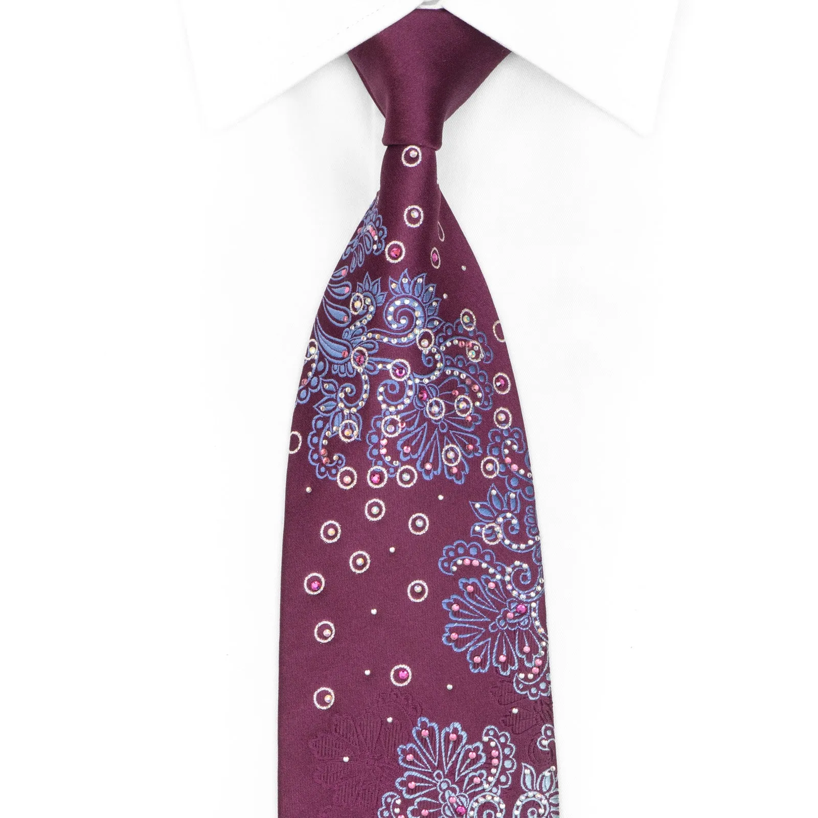 Blue Silver Anthemion Floral On Violet Rhinestone Silk Necktie With Sparkles