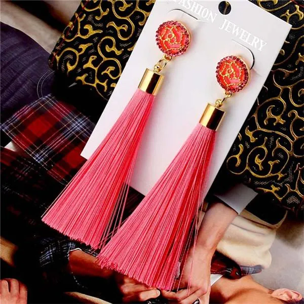 Bohemian Crystal Tassel Earrings Black White Blue Red Pink Silk Fabric Long Drop Dangle