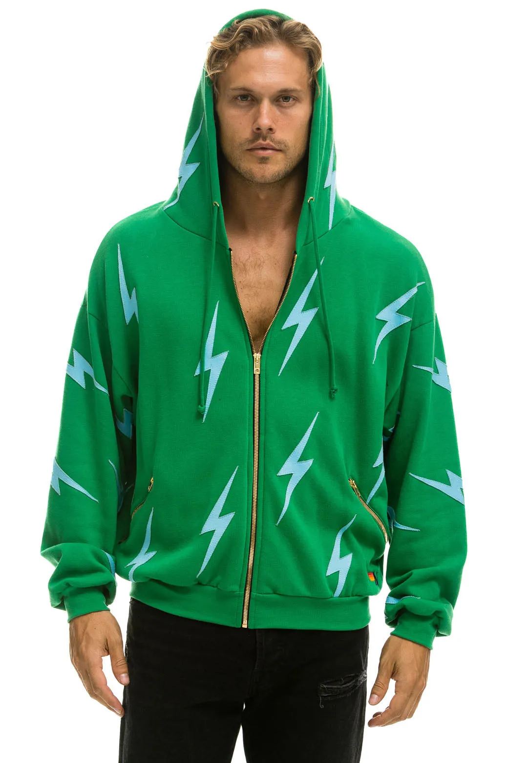 BOLT STITCH REPEAT RELAXED ZIP HOODIE WITH POCKET ZIPPERS - KELLY GREEN // BLUE