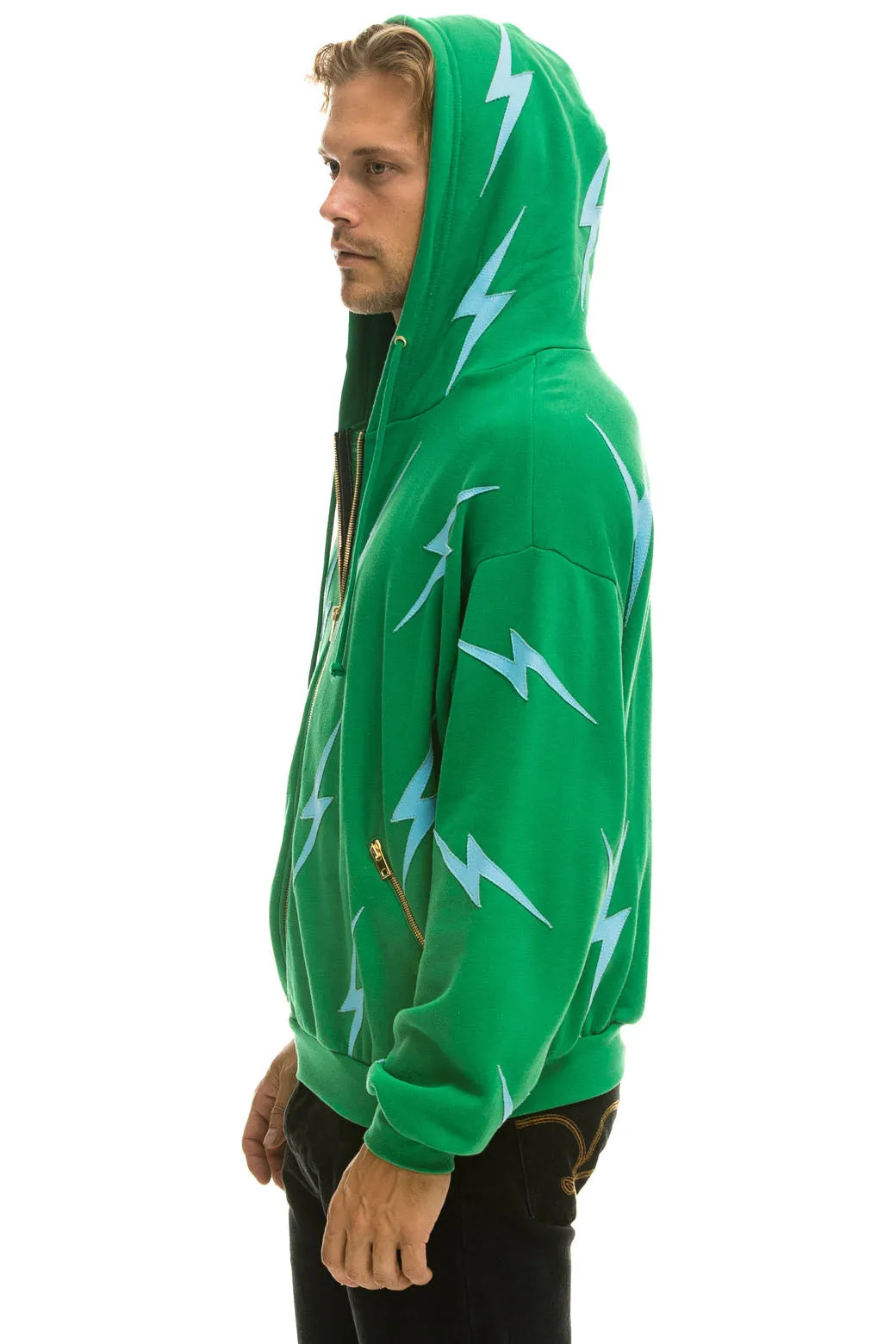 BOLT STITCH REPEAT RELAXED ZIP HOODIE WITH POCKET ZIPPERS - KELLY GREEN // BLUE