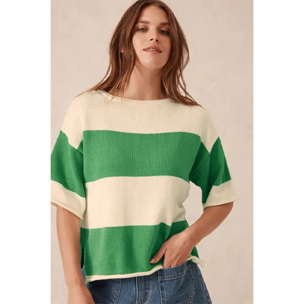 Boxy Knit Tee - Grass   Eggshell Bold Stripe