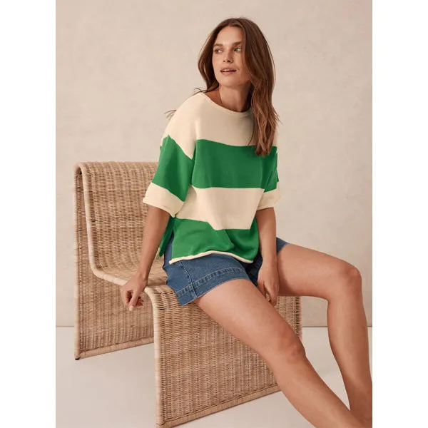 Boxy Knit Tee - Grass   Eggshell Bold Stripe