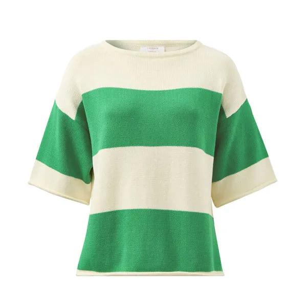 Boxy Knit Tee - Grass   Eggshell Bold Stripe