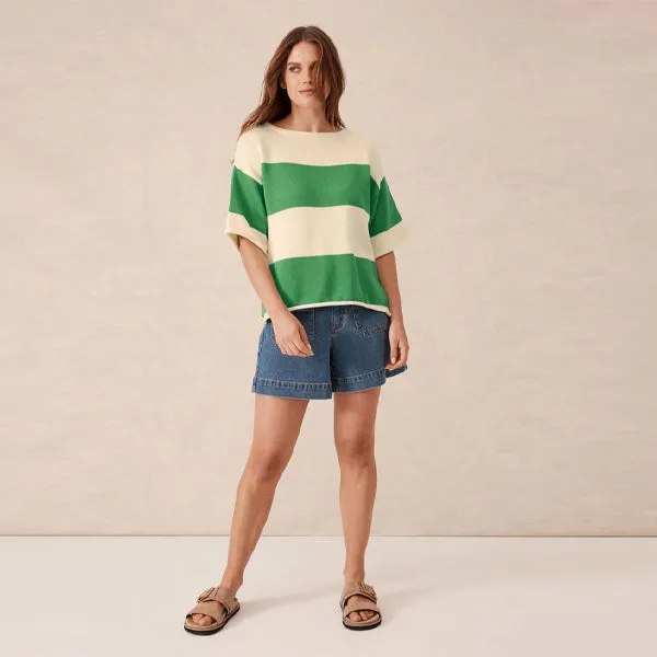 Boxy Knit Tee - Grass   Eggshell Bold Stripe