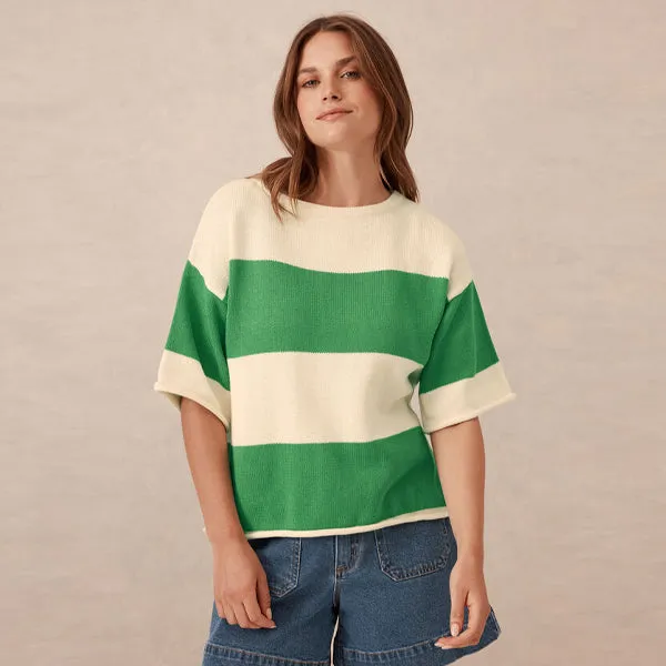 Boxy Knit Tee - Grass   Eggshell Bold Stripe