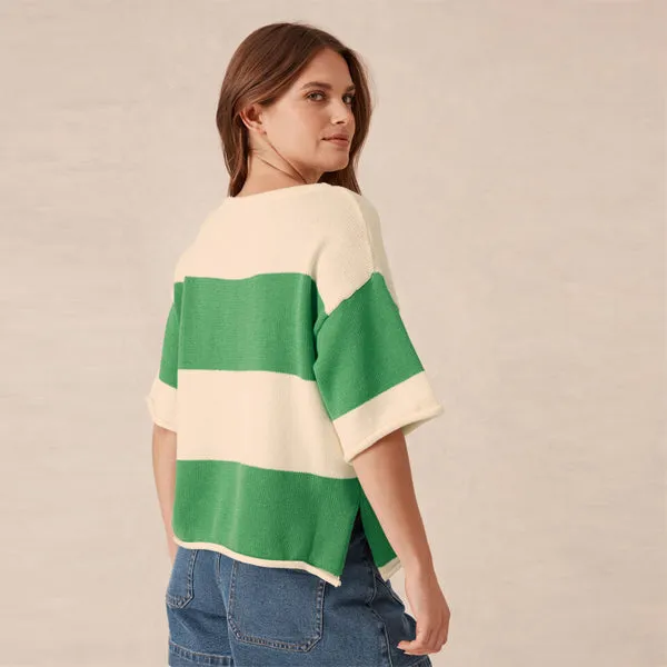 Boxy Knit Tee - Grass   Eggshell Bold Stripe