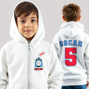 Boys' Thomas the Tank Engine White Zip-up Custom Hoodie with Printed Back  - any name and number