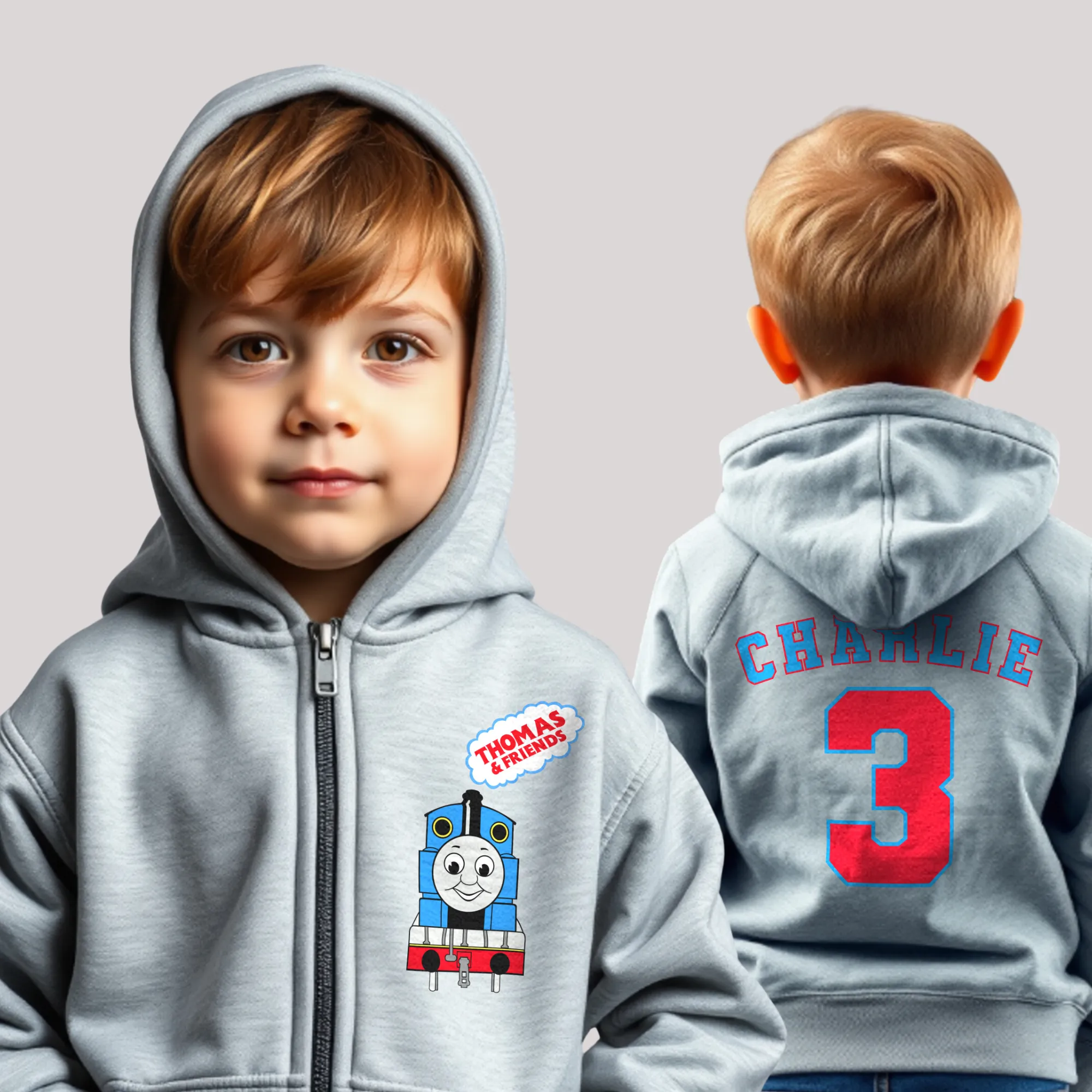 Boys' Thomas the Tank Engine White Zip-up Custom Hoodie with Printed Back  - any name and number