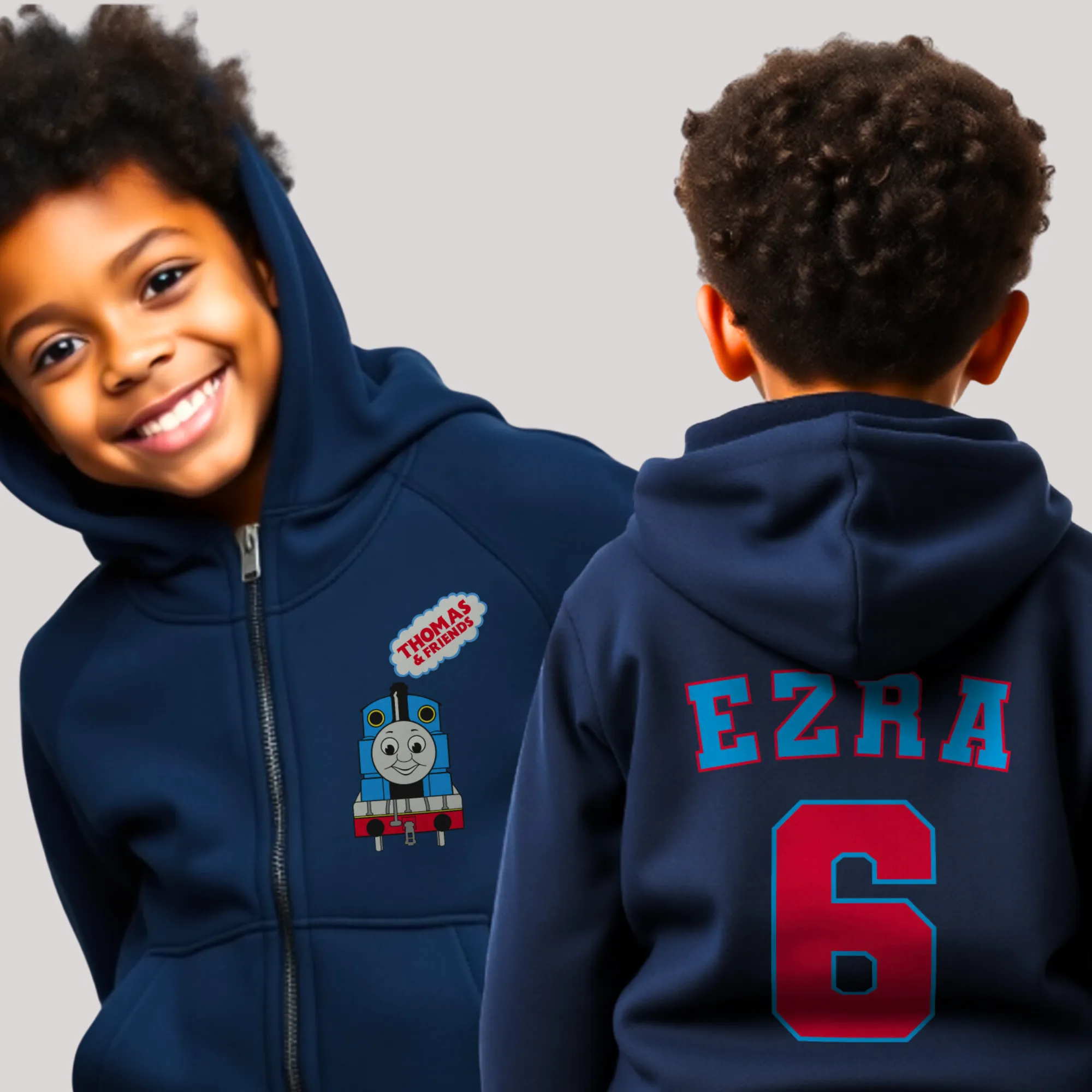 Boys' Thomas the Tank Engine White Zip-up Custom Hoodie with Printed Back  - any name and number