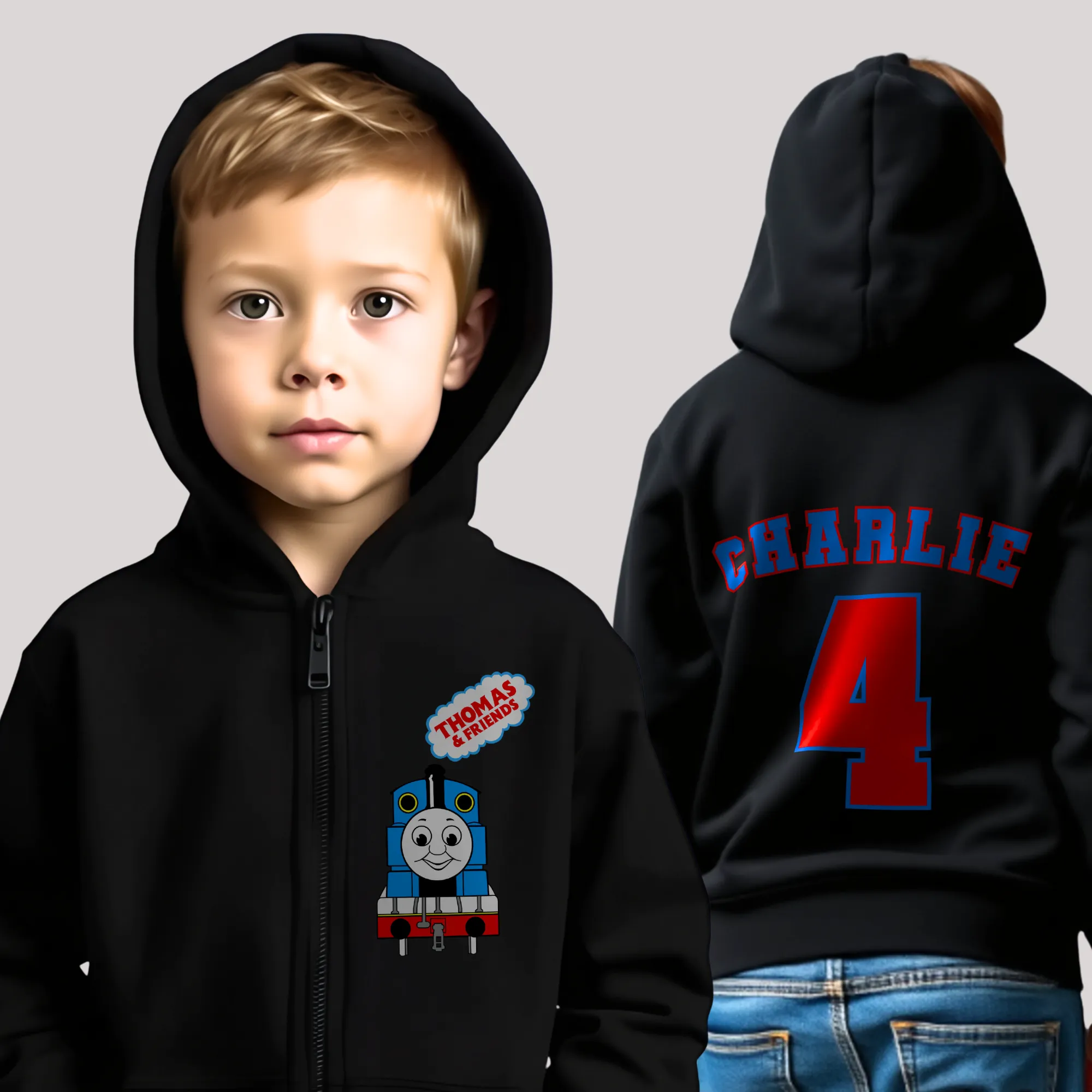 Boys' Thomas the Tank Engine White Zip-up Custom Hoodie with Printed Back  - any name and number