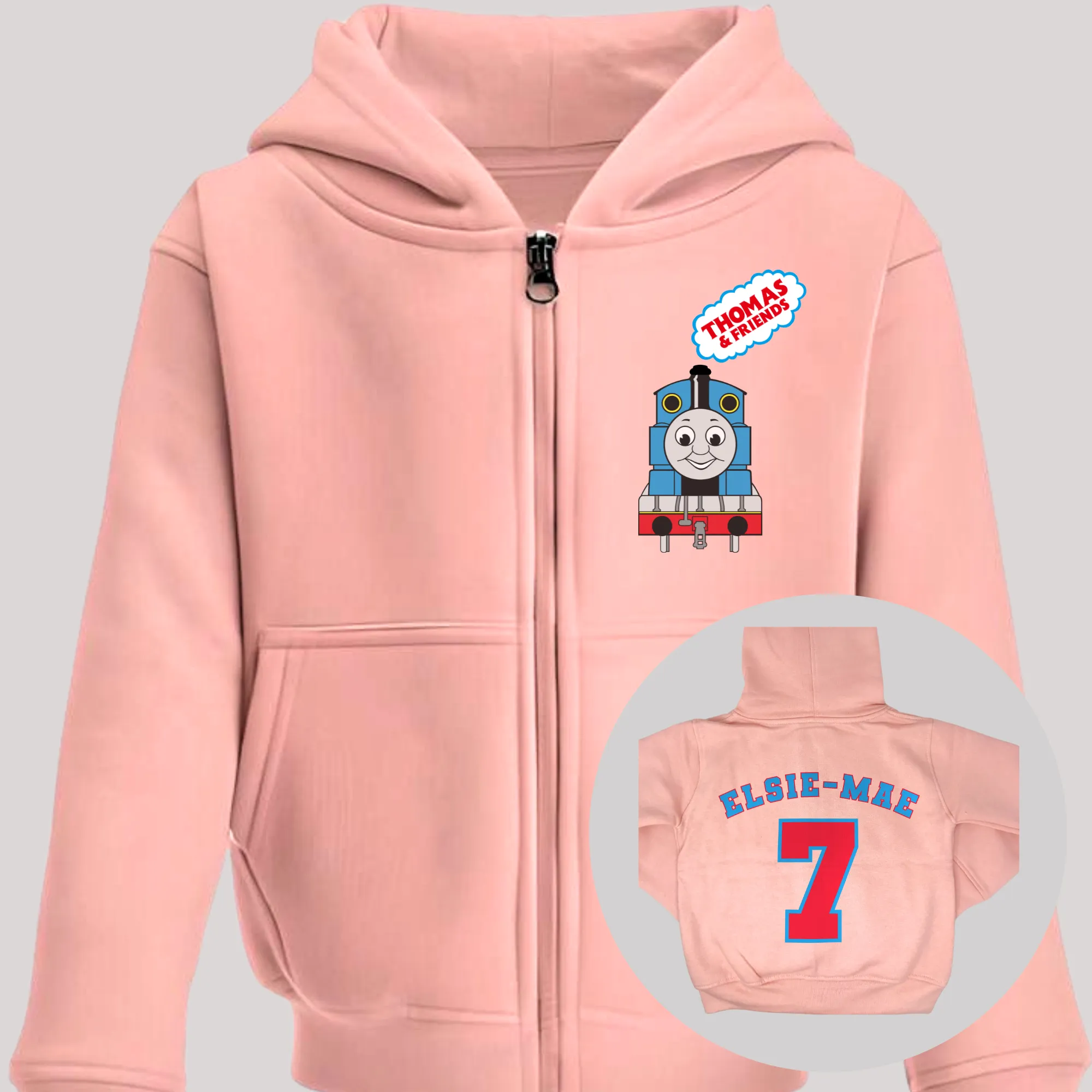 Boys' Thomas the Tank Engine White Zip-up Custom Hoodie with Printed Back  - any name and number