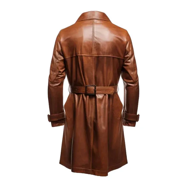 Brown Vintage Button Style Long Real Leather Coat