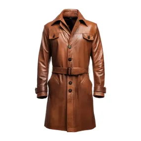 Brown Vintage Button Style Long Real Leather Coat