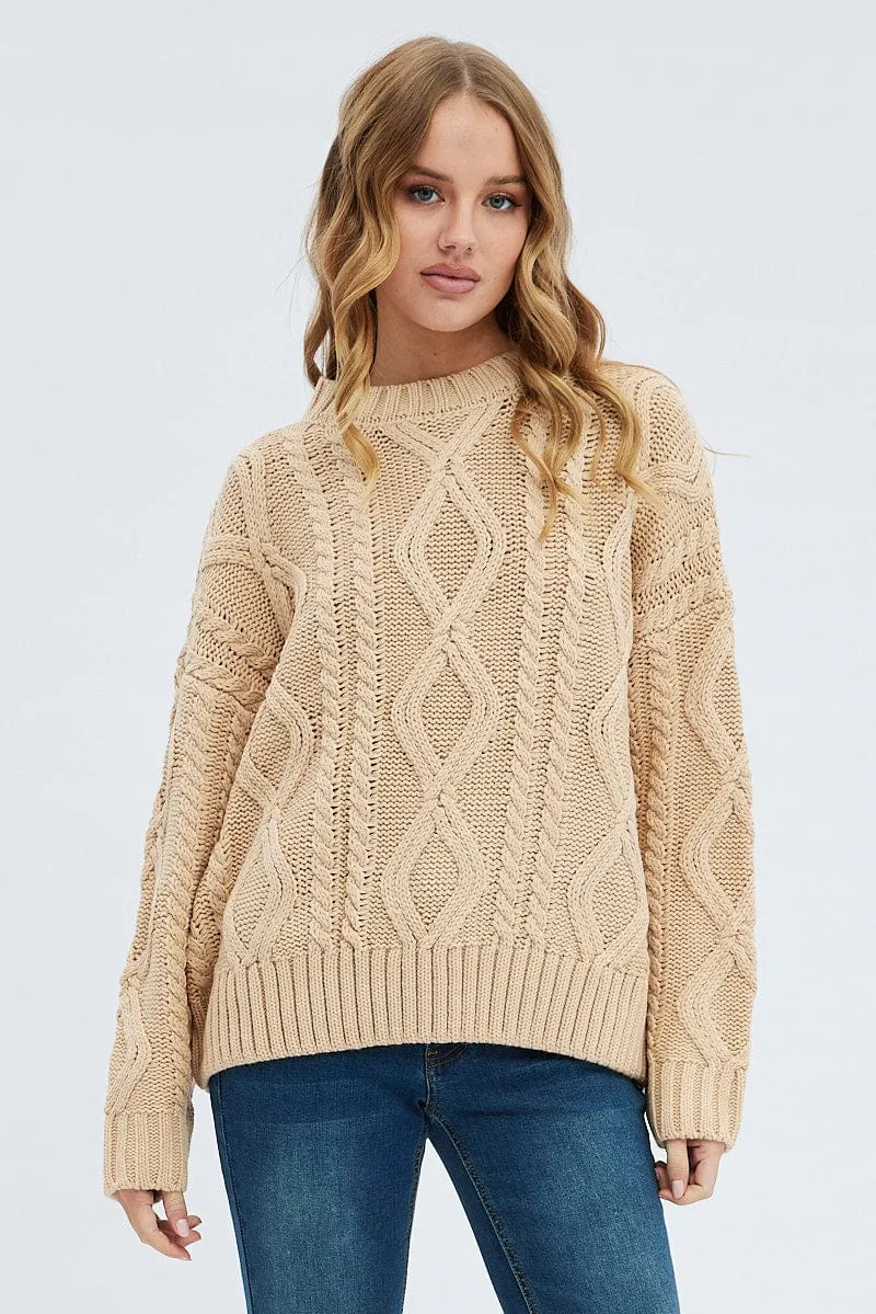 Camel Oversized Knit Long Sleeve Cable