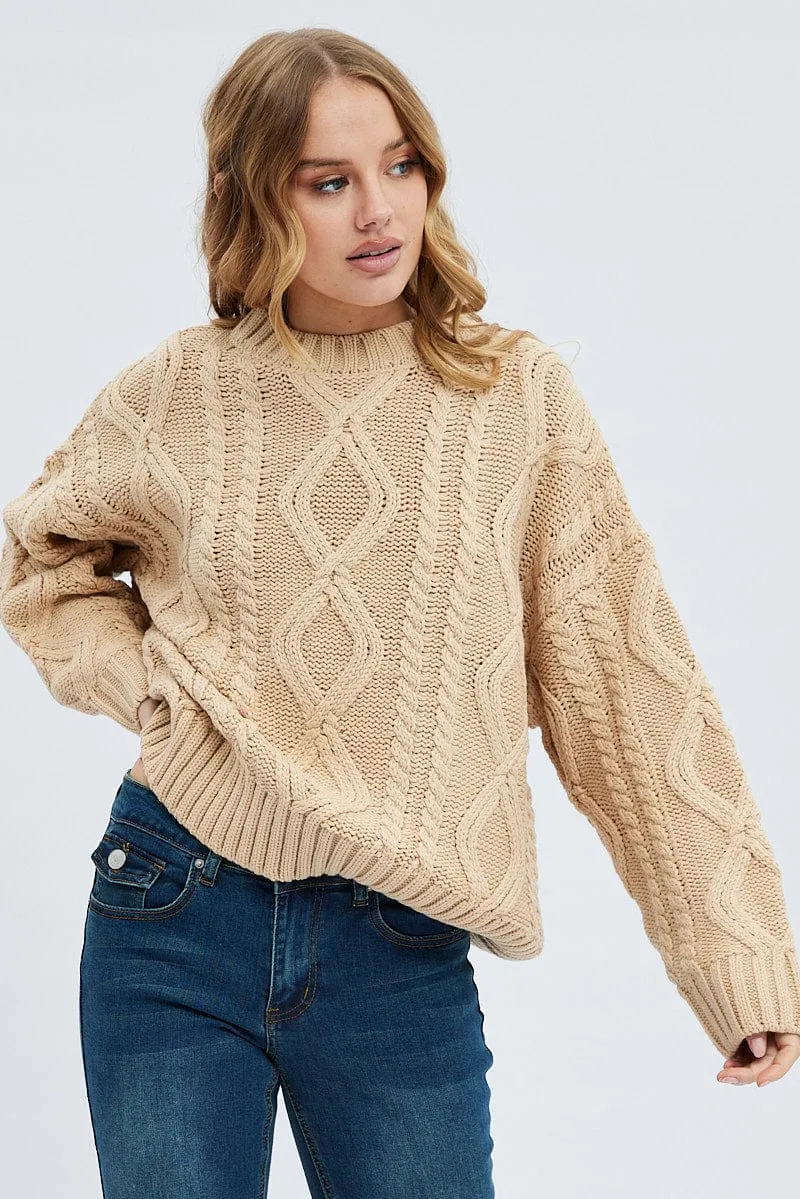 Camel Oversized Knit Long Sleeve Cable