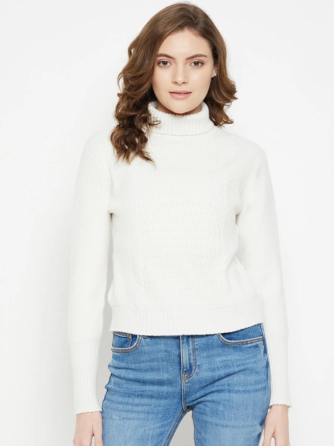 Camla Barcelona Textured Off-White Turtleneck Sweater