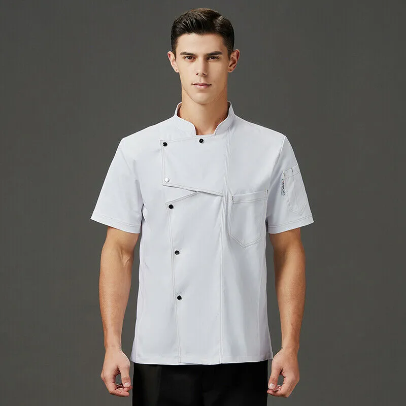 Chef Coat Short Sleeve Men Collar Tops with Pocket Restaurant Canteen Uniform