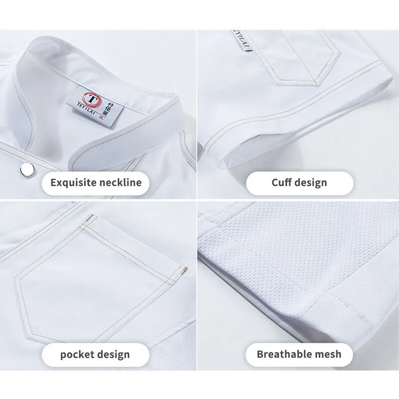 Chef Coat Short Sleeve Men Collar Tops with Pocket Restaurant Canteen Uniform