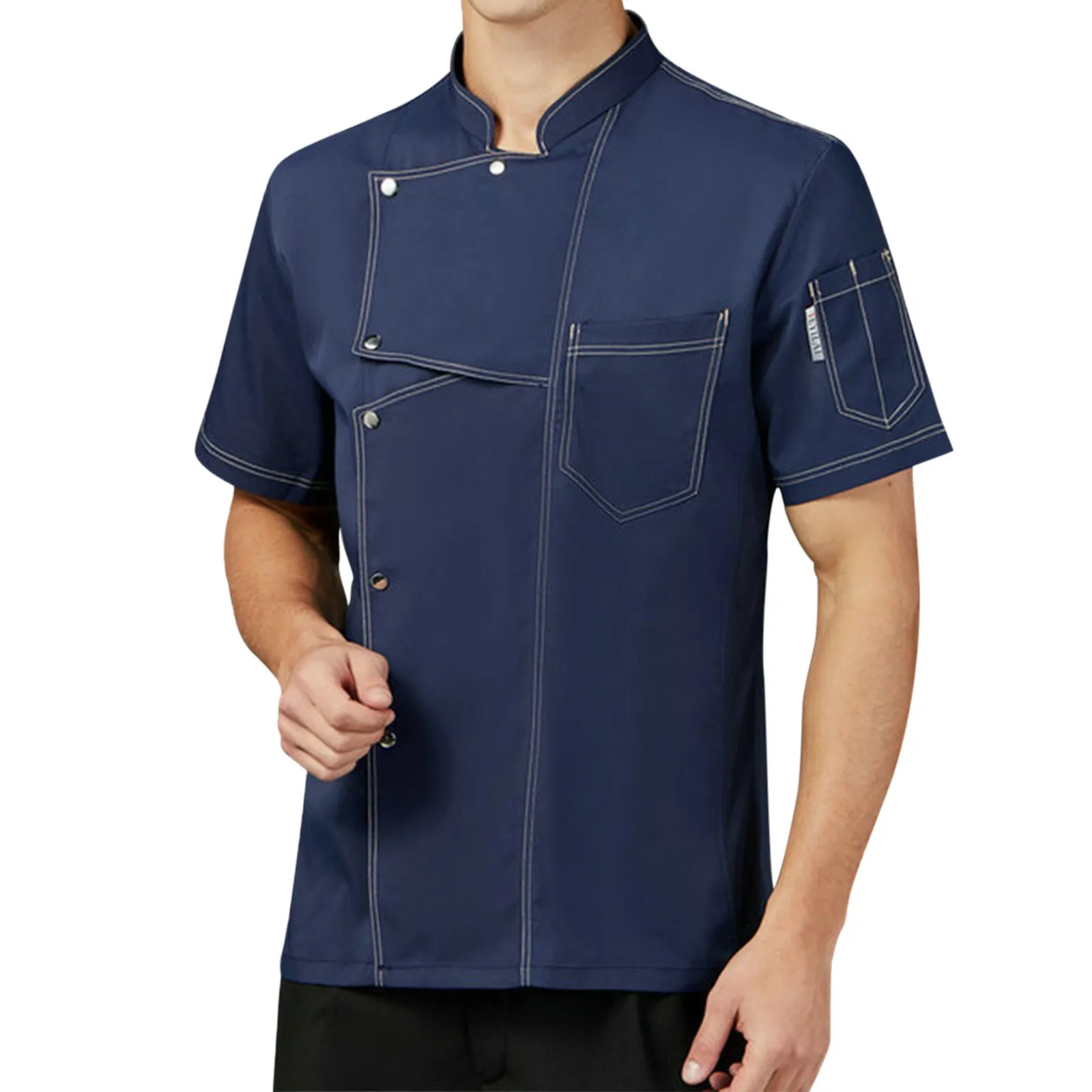 Chef Coat Short Sleeve Men Collar Tops with Pocket Restaurant Canteen Uniform