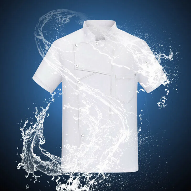 Chef Coat Short Sleeve Men Collar Tops with Pocket Restaurant Canteen Uniform