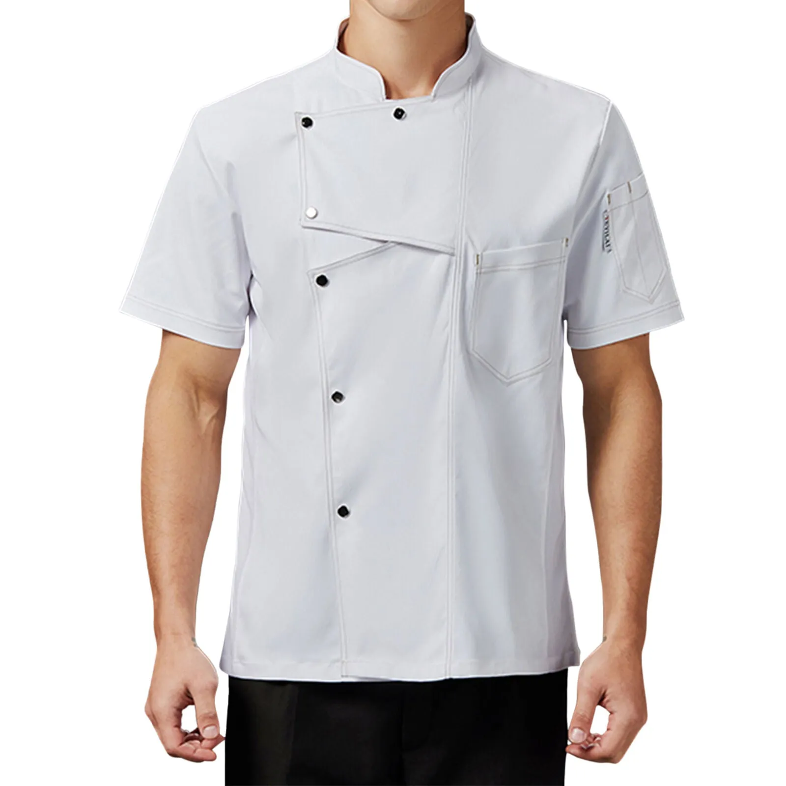 Chef Coat Short Sleeve Men Collar Tops with Pocket Restaurant Canteen Uniform