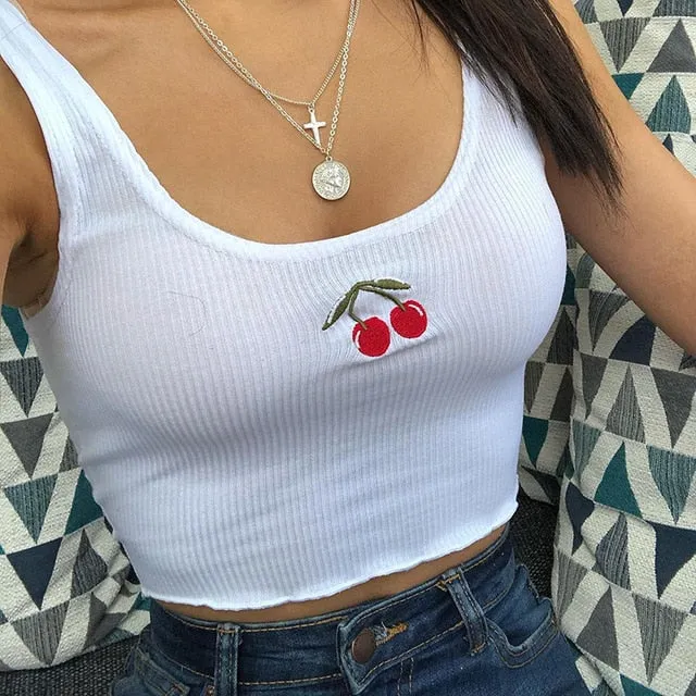 Cherry Embroidery Pattern Cute Crop Tops With Baby Lock Edge Casual Slim Workout Sleeveless