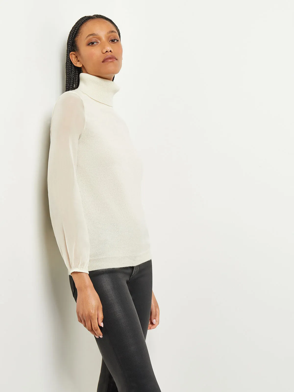 Chiffon Sleeve Cashmere Turtleneck, ivory