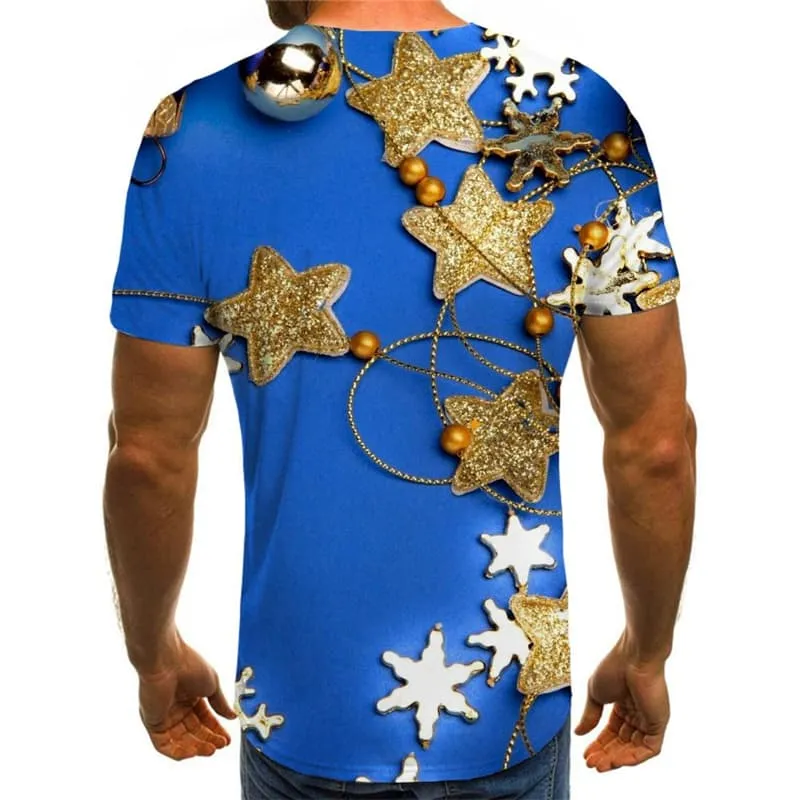 Christmas T-shirt Men Star T-shirts 3d Blue Tshirts Cool New Year Tshirt Anime