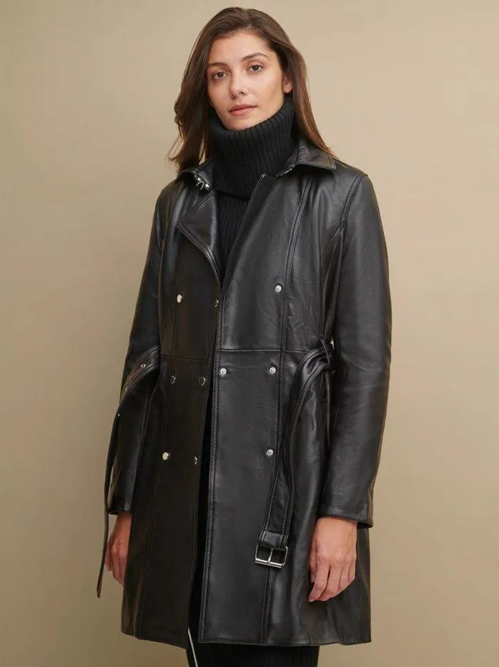 Classic Black Leather Belted Trench Coat | QAWACH